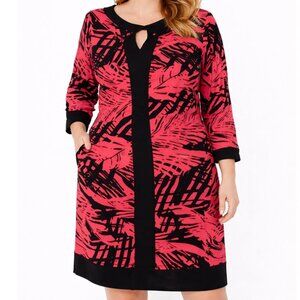 INC Coral & Black Abstract Print Shift Dress with Keyhole Detail Large